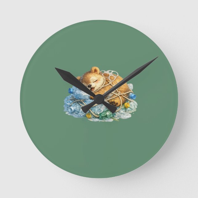 Bear Resting on Plastic Waste Wildlife Round Clock (Front)