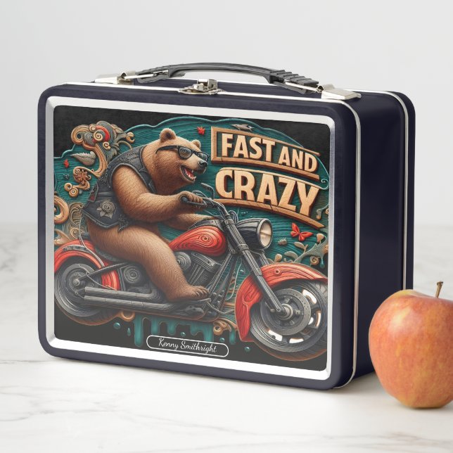 Bear Rides Stylish Motorcycle With Flair Metal Lunch Box (In Situ)
