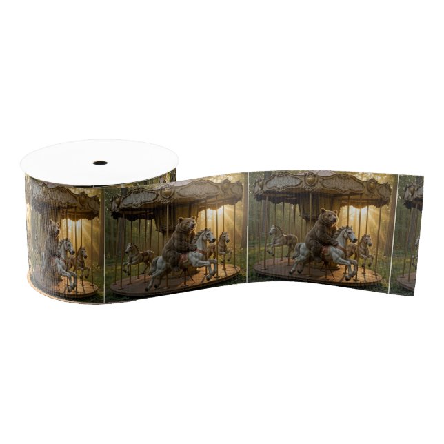 Bear Riding a Carousel Horse in a Forest Grosgrain Ribbon (Spool)
