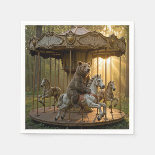 Bear Riding a Carousel Horse in a Forest Napkin