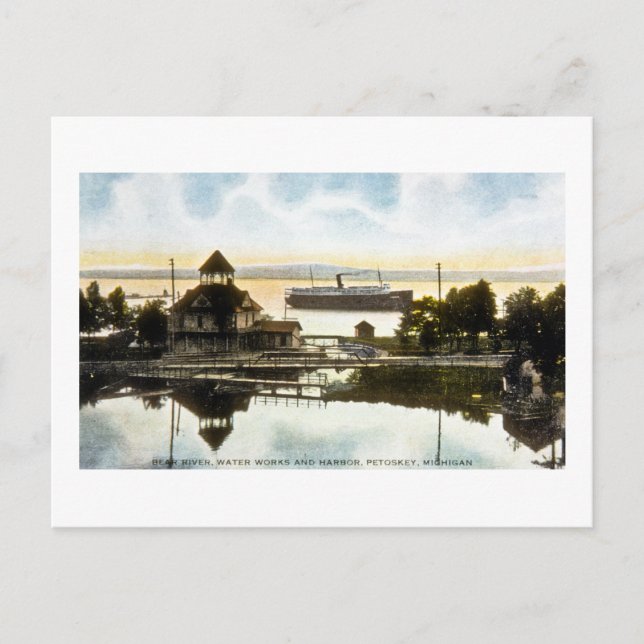 Bear River, Water Works and Harbour, Petoskey, Mic Postcard (Front)