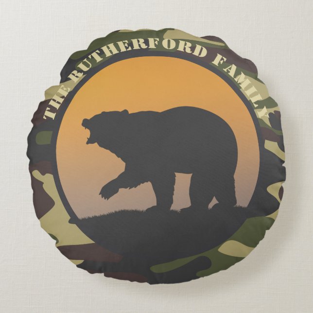 Bear Roar and Camo Round Pillow (Front)