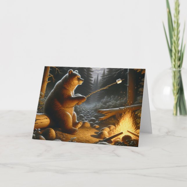 Bear Roasting a Marshmallow Over Campfire Card (Front)