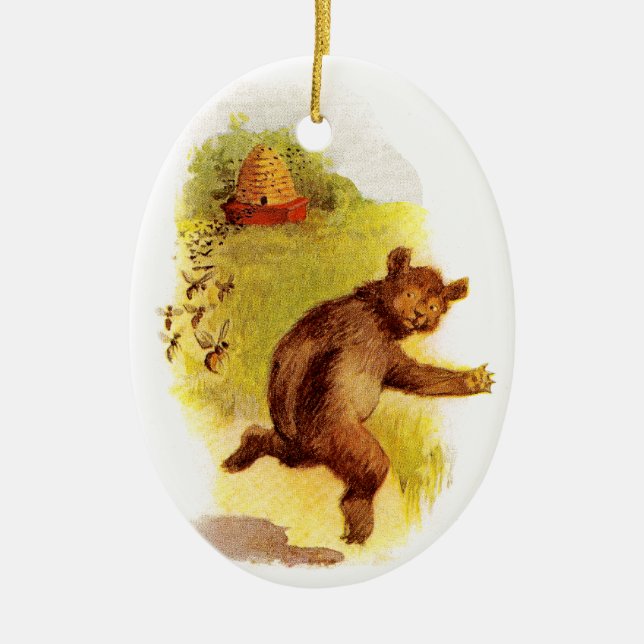 Bear Running From Bees Ceramic Tree Decoration (Front)