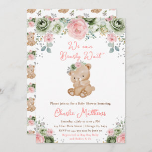 Bear Sage Green and Pink Flowers Baby Shower Invitation