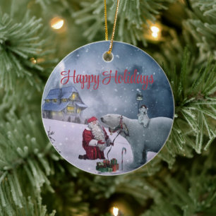 Bear, Santa Claus and Little House Ceramic Tree Decoration