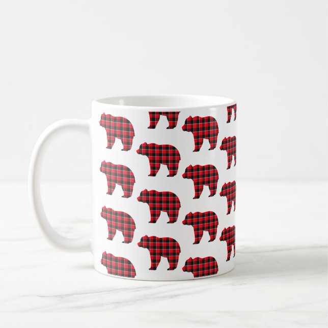 Bear Shaped Plaid Red Black Buffalo Coffee Mug (Left)