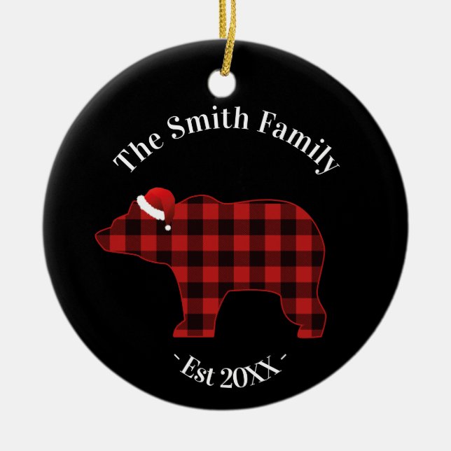 Bear Silhouette Buffalo Plaid Family Holiday Ceramic Tree Decoration (Front)