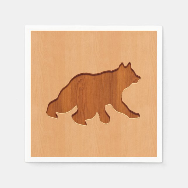 Bear silhouette engraved on wood design napkin (Front)