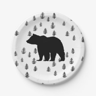 Bear Silhouette Trees Wilderness Mountain Paper Plate