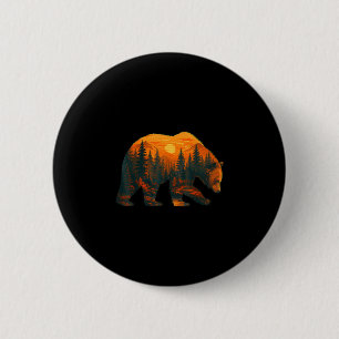 Bear silhouette with forest landscape and sunset  6 cm round badge