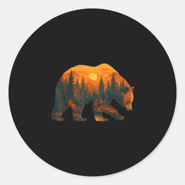 Bear silhouette with forest landscape and sunset  classic round sticker (Front)