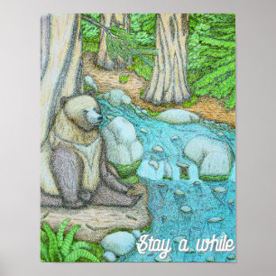 Bear sitting by a creek poster