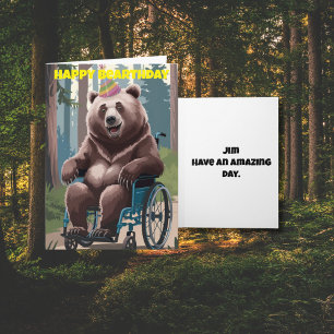 Bear sitting in wheel chair nature birthday card