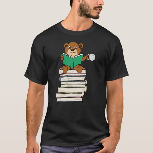 Bear Sitting on Books Coffee and Reading T-Shirt (Front)