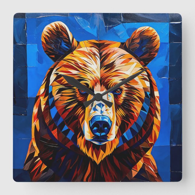 Bear Stained Glass Square Wall Clock (Front)