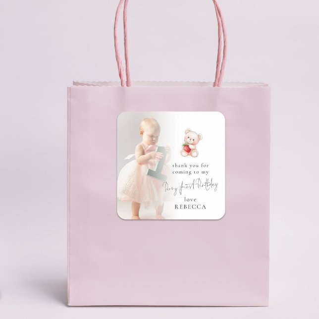 Bear Strawberry Photo Berry First Birthday Thanks Square Sticker (Creator Uploaded)