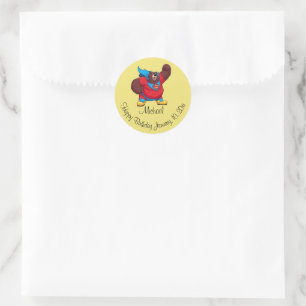 BEAR SUPERHERO BIRTHDAY YELLOW CLASSIC ROUND STICKER