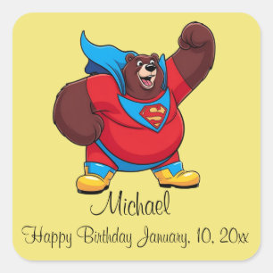 BEAR SUPERHERO BIRTHDAY YELLOW SQUARE STICKER