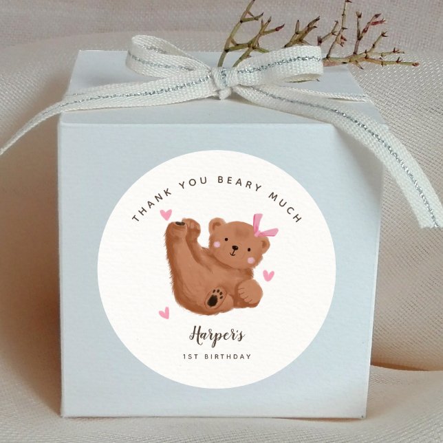 Bear Thank You Beary Much Girl Birthday Party  Classic Round Sticker (Creator Uploaded)