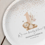 Bear & The Bee First Birthday Paper Plate<br><div class="desc">Organising a first birthday, these sweet bearly believe it birthday paper plates will be the perfect addition to your planning. Featuring the saying 'WE CAN BEARLY BELIEVE IT!', an illustration of a watercolor bear holding pampas grass, peach delicate flowers, and a stylish invitation template which is easily edited. The font...</div>