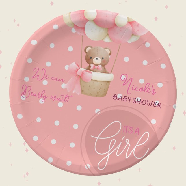 Bear Theme Pink Peach Hot Air Balloon Baby Shower Paper Plate (Bear Theme Pink Peach Hot Air Balloon Baby Shower Theme)