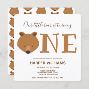 Bear Turning One Cute Animal 1st Birthday Invitation