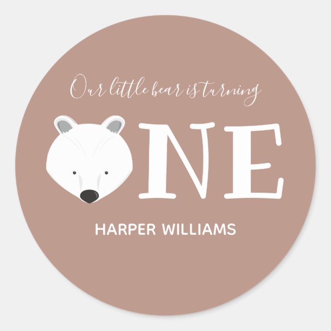 Bear Turning One Cute Animal First Birthday Classic Round Sticker (Front)