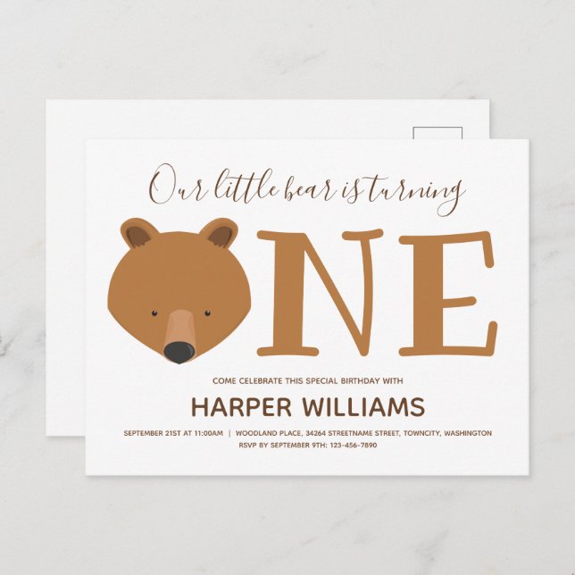 Bear Turning One Cute Animal First Birthday Invitation Postcard (Front/Back)