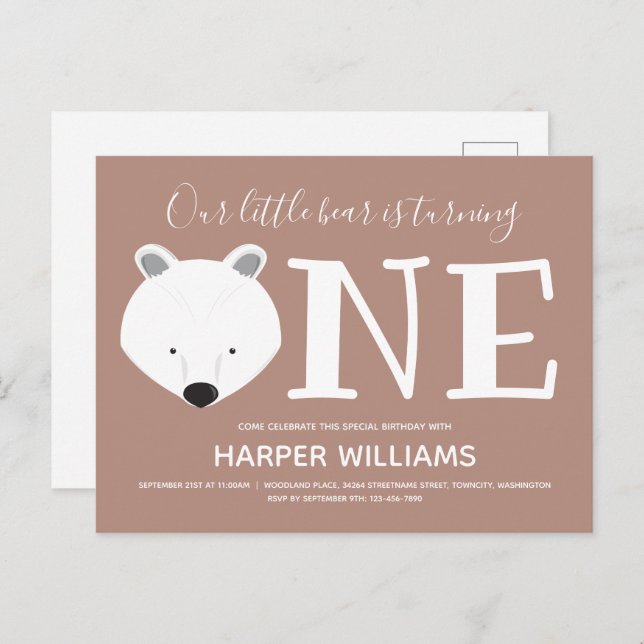 Bear Turning One Cute Animal First Birthday Invitation Postcard (Front/Back)