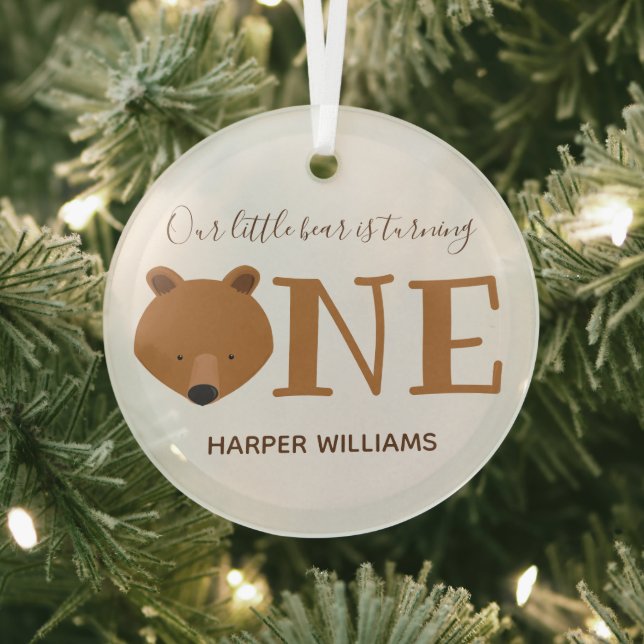 Bear Turning One Keepsake Animal First Birthday Glass Tree Decoration (Insitu)