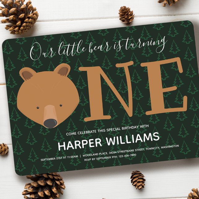 Bear Turning One Pine Animal First Birthday Invitation (Creator Uploaded)