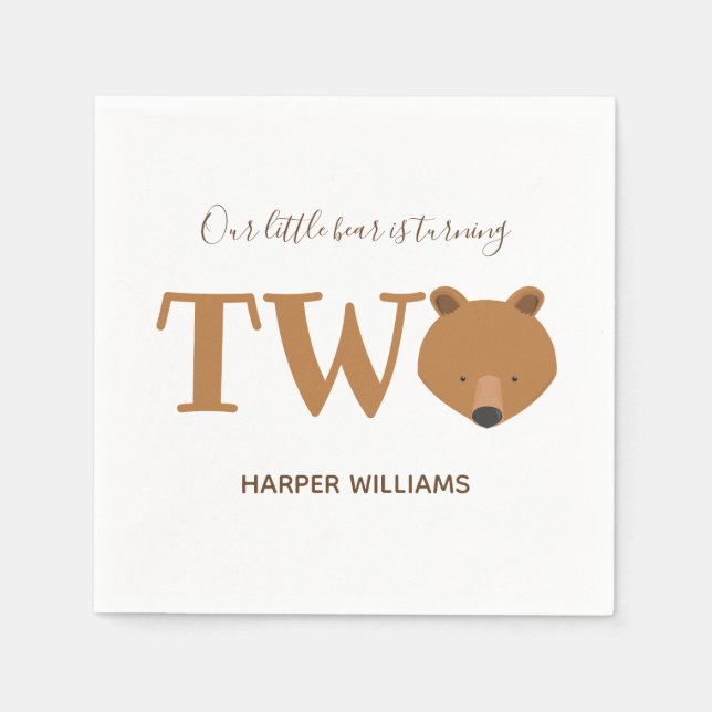 Bear Turning Two Cute Animal Toddler 2nd Birthday Napkin (Front)