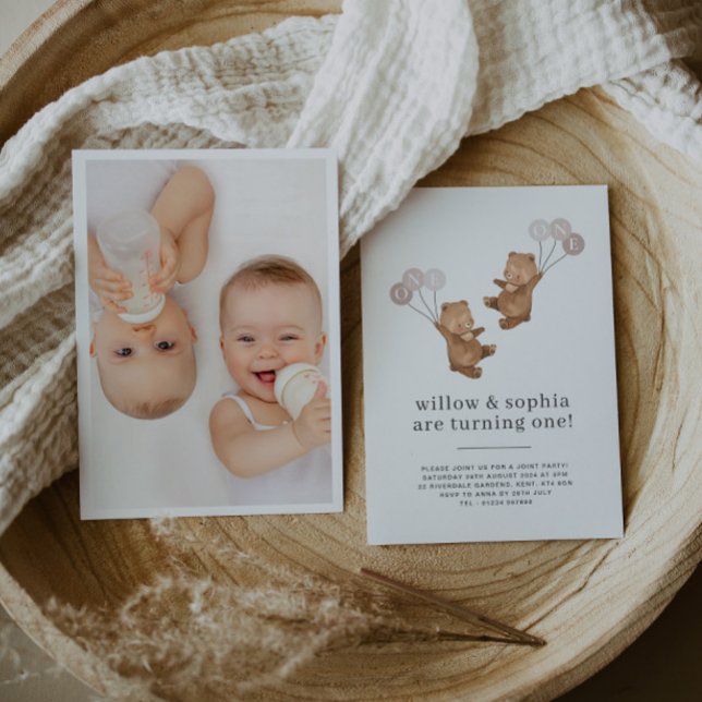 Bear Twin Girls Photo Joint 1st Birthday Invite (Creator Uploaded)
