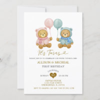 Bear Twins Boy Girl Birthday Party Invitation