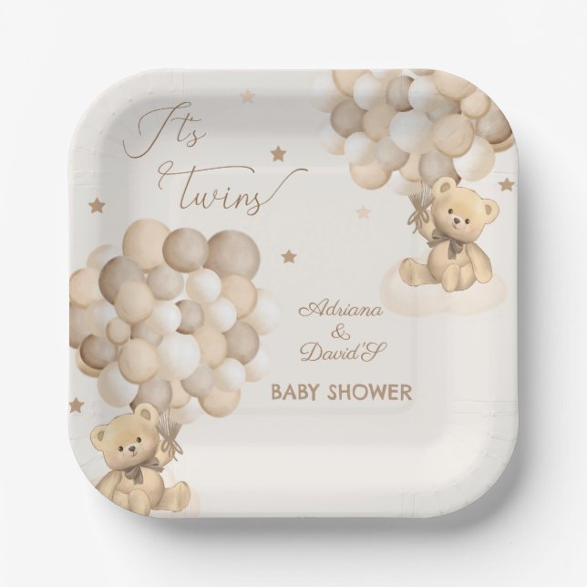 Bear Twins Gender Neutral Brown Beige Baby Shower Paper Plate (Front)