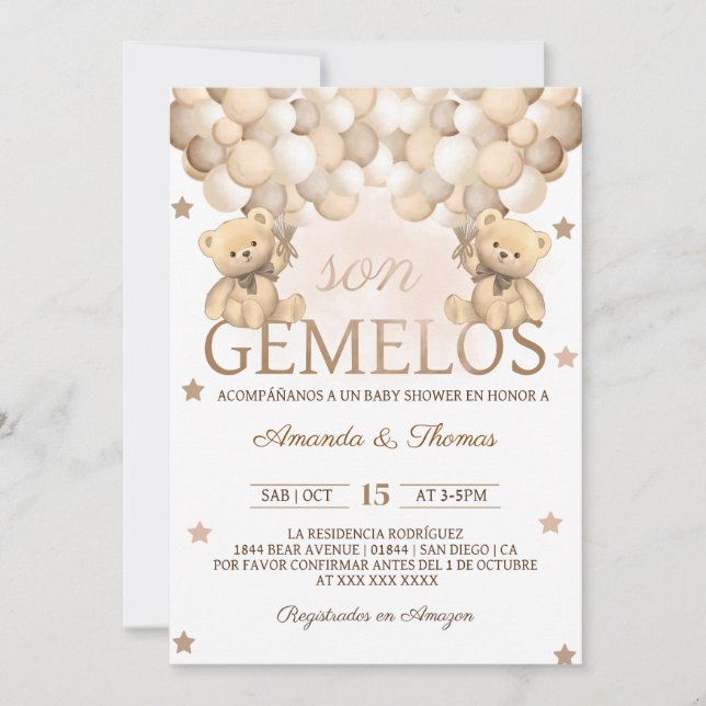 Bear Twins Spanish Gemelos Baby Shower Invitation (Front)