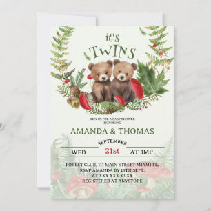 Bear Twins Woodland Themed Baby Shower Invitation