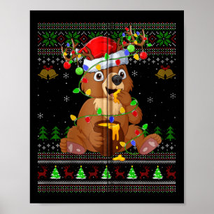 Bear Ugly Sweater Xmas Lights Santa Hat Bear Chris Poster