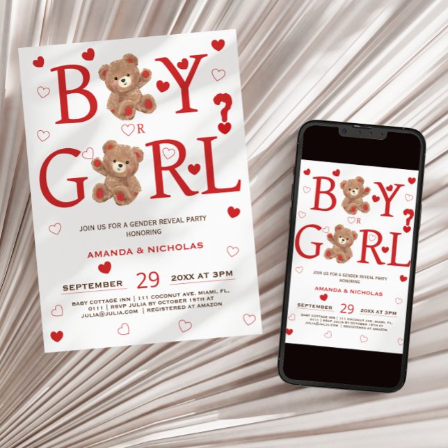 bear & valentine hearts gender reveal  invitation (Creator Uploaded)