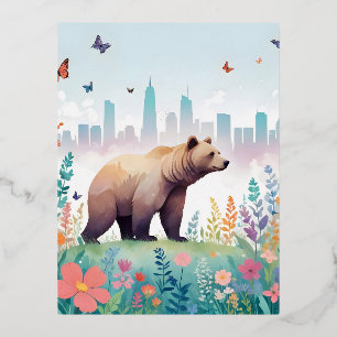 Bear Vintage Animal Nature Forest City Painting Foil Holiday Postcard