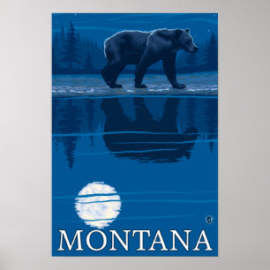 Bear Walking in Moonlight Vintage Travel Poster