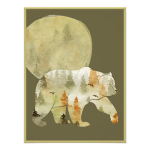 Bear Walking in Woods Moon Painted Forest Wildlife Photo Print