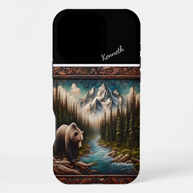 Bear Watching Salmon in Mountain Stream iPhone Case (Back)