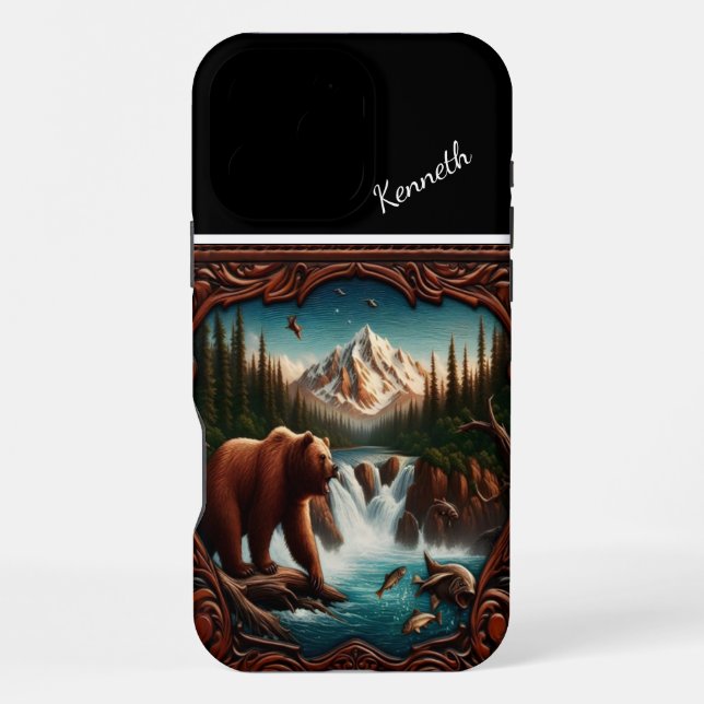 Bear Watching Salmon in Mountain Stream iPhone Case (Back)