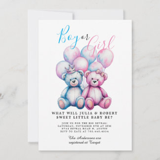 Bear Watercolor Gender Reveal Party Boy or Girl Invitation