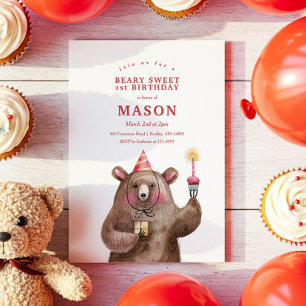 Bear Watercolor Red Plaid Birthday Invitation