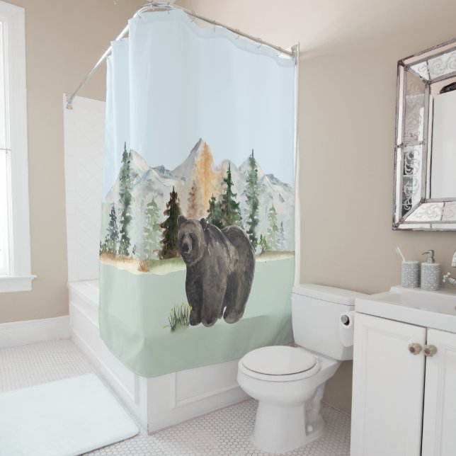 Bear Watercolor Woodland Animal Forest Cabin Shower Curtain (In Situ)