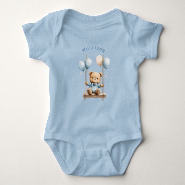  Bear Wearing Blue on Swing Balloons Baby Bodysuit (Front)