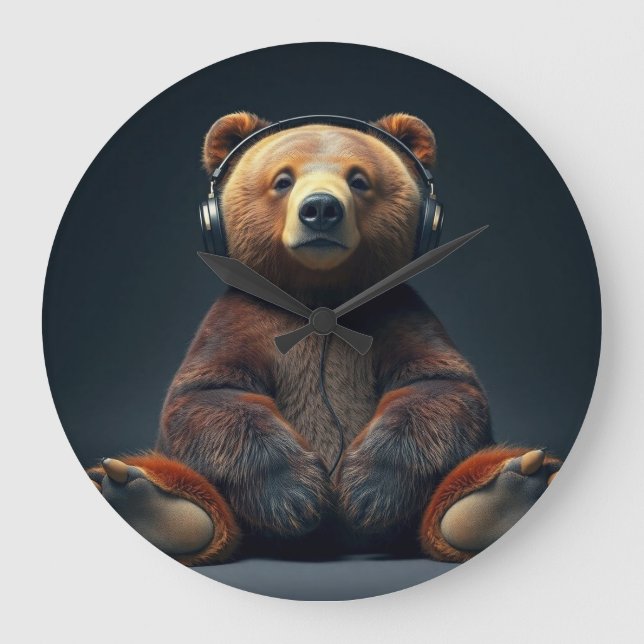 Bear Wearing Headphones Large Clock (Front)